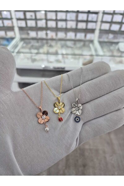 Papatya Silver 925 Ayar 3'lü set 4 yaprak yonca kolye.rose.gold.rodaj