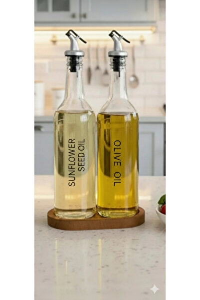 BÜYÜLÜ HOME Ahşap Stantlı 2'li 750 ml Ayçiçek Yağı Zeytinyağı Cam Şişe Yağdanlık