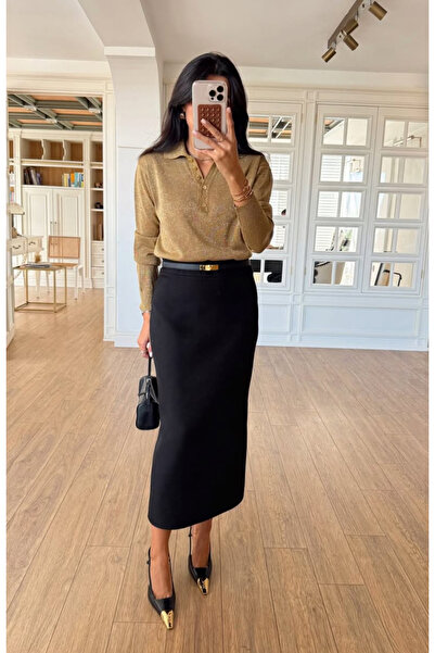 FEMMESTUDIO Kadın Polo Yaka Gold Düğmeli Simli Triko Bluz