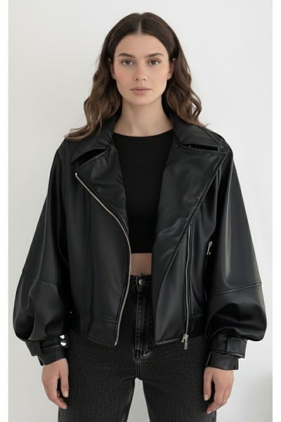 PERADO Balon Kol Siyah Deri Ceket