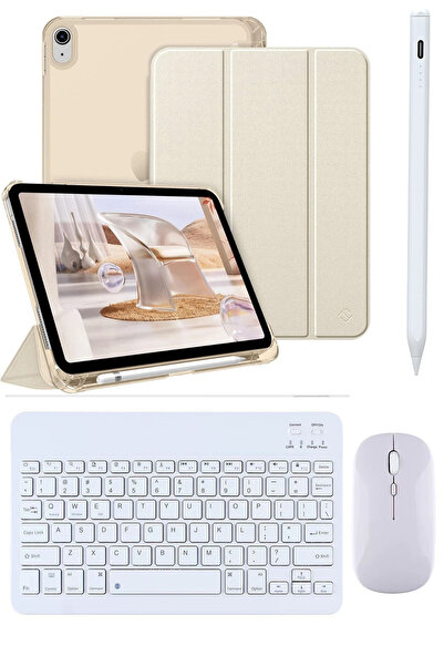 Covpor Apple iPad 11. NESİL A16 ve 10.NESİL 10.9 Uyumlu Flip Kılıf Gold+ Bluetoothlu Klavye Mouse + Kalem