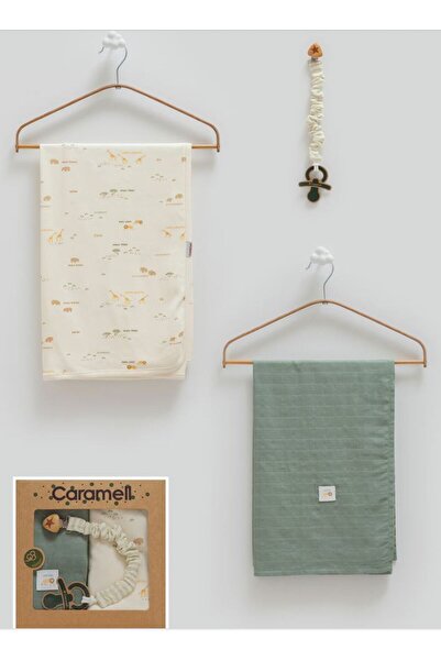 Caramell İncibaby 100% Cotton Baby Boy 3-Piece Cotton Blanket & Muslin Blanket & Pacifier Strap Set (Khaki)