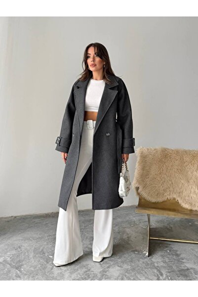 Zeynep Öykü Style Kadın Oversize Antrasit Gri Kruvaze Yaka Kuşaklı Kaşe Kaban