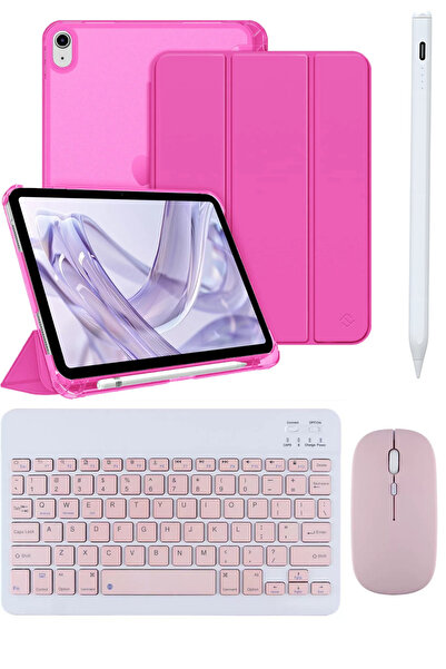 Covpor Apple iPad 11. NESİL A16 ve 10.NESİL 10.9 Uyumlu Flip Kılıf Koyu Pembe+Klavye Mouse+Kalem