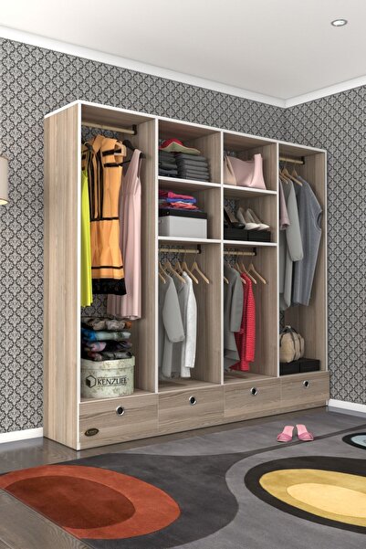 Kenzlife Giysi Dolabı 4 Bölmeli 4 Çekmeceli Kamil 182*200*42 Crd Dolap Kapaksız
