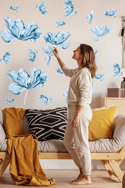 Kt Grup Mavi Çiçek Soft Renk 19 Adet Duvar Sticker Seti