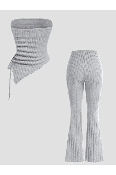 Marin Star Gri Askısız Asimetrik Likralı Yan Büzgülü Bluz Alt Üst Takım, Esnek Kumaş Gri Büzgülü Straplez Takım