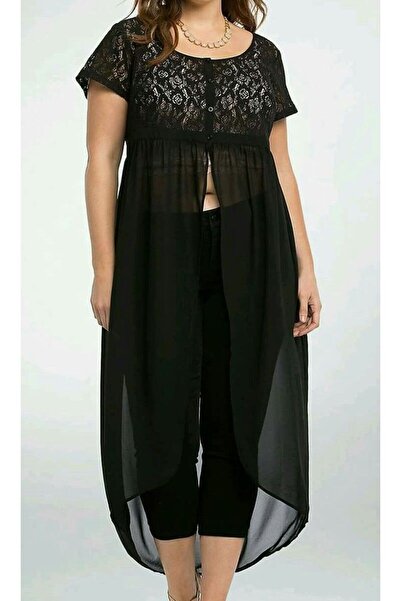 BY HANDE TASARIM Kadın Siyah Dantel Kombinli Sifon Kap