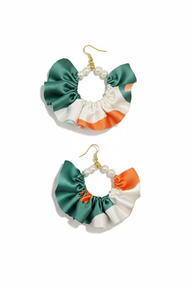 maia Yeşil Geometrik Desen Kumaş İnci Tasarım Halka Küpe