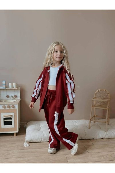 kidstalya Burgundy Jacket Double Stripe Girls' Suit