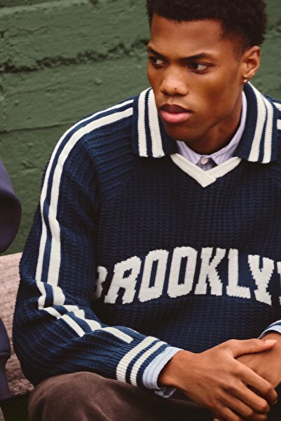 Pull & Bear Örme Brooklyn grafik polo kazak