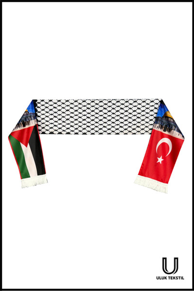 ULUK TEKSTİL وشاح ساتان مزخرف بعلم فلسطين وتركيا - شال |   وشاح هدية مطبوع حس...