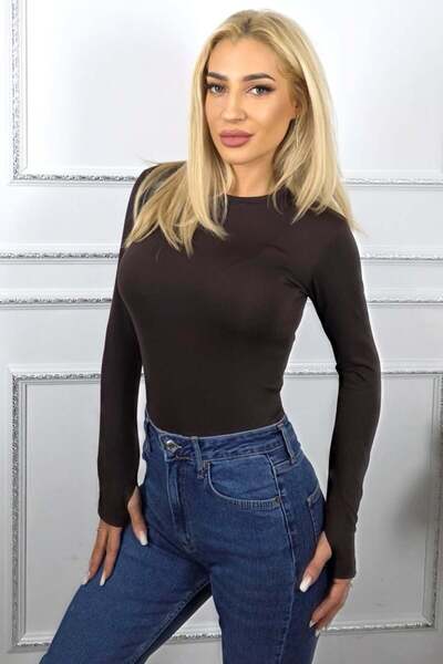 FashionForYou BASIC midi blouse, with round collar and finger slit, Brown, L