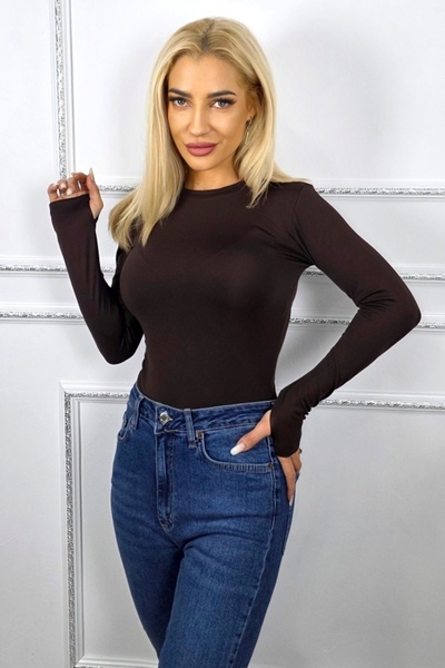 FashionForYou BASIC midi blouse, with round collar and finger slit, Brown, L