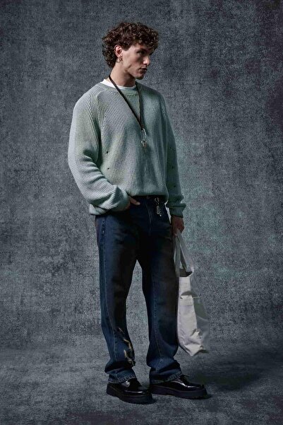 ablukaonline Men's Oversize Washed Distressed Knit Sweater Mint