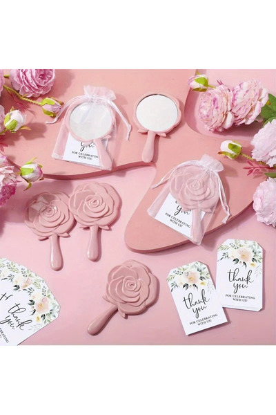 Choice Pink 24pcs Rose Wedding Mirror Favors - Plastic Bridal Shower Set with Thank You Cards & Organza Bag