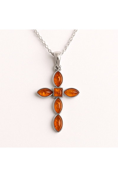 craftmystic Colier cruce cu ramă de chihlimbar și argint sterling - Simbol sacru al purității și credinței