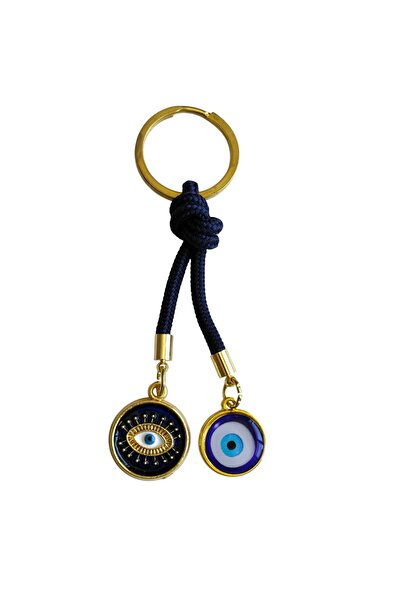 Mixperi Navy Blue Knitted Drawstring Double Evil Eye Beaded Keychain