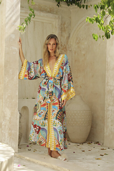 Maison Jessie Borde İpek Saten Uzun Kimono Sabahlık