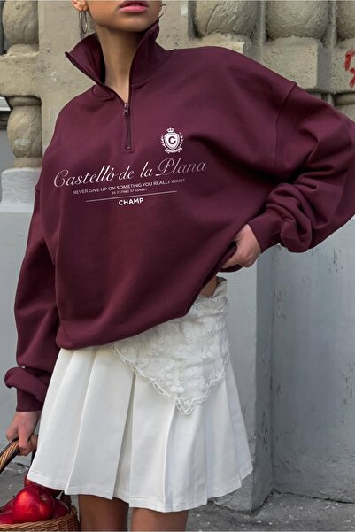 The Champ Clothing Γυναικείο φούτερ Oversize Castelló de la Plana με στάμπα μπορντό – με μισό φερμουάρ, 3 κλωστές φλις