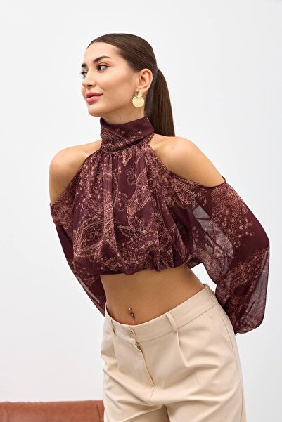 cemo Bordo Omuzu Açık Belden Lastikli Bluz