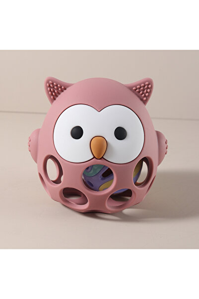 Moon Piece قفازات عضاضة على شكل بومة للأطفال وردية اللون مع جرس، قطعة واحدة، لعبة عضاضة على شكل بومة كرتونية، علكة سيليكون للعناية بالأسنان