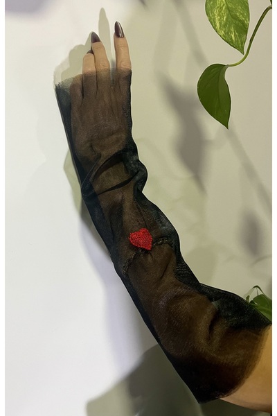 VENÜS MODA by Pınar Halloween Halloween Black Tulle Fingerless Gloves Red Heart Embroidery Party Combination