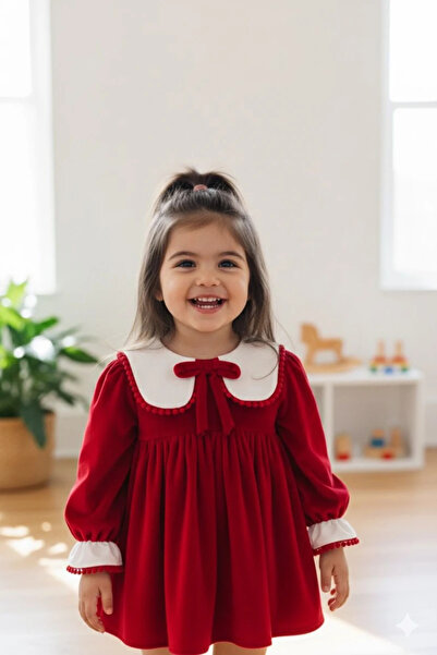 aysskids VALERY Kız Bebek Kırmızı Kadife Uzun Kollu Özel Gün Bayramlık Elbise