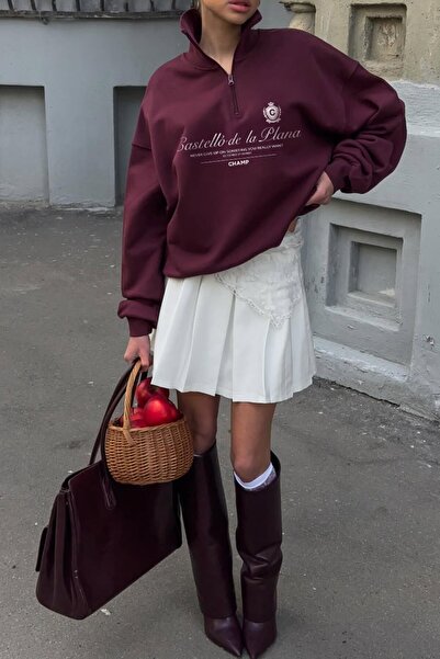 The Champ Clothing Γυναικείο φούτερ Oversize Castelló de la Plana με στάμπα μπορντό – με μισό φερμουάρ, 3 κλωστές φλις