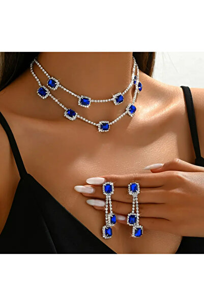 TAKİŞKO Blue White Zircon Stone Setting Necklace Earrings Evening Dress Set