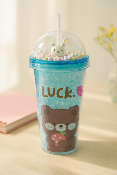 CHANCE GİFT Cute Teddy Bear Themed Double Layer Mica Party Supplies Water Bottle with Straw Soft Drink Bottle 450 ml