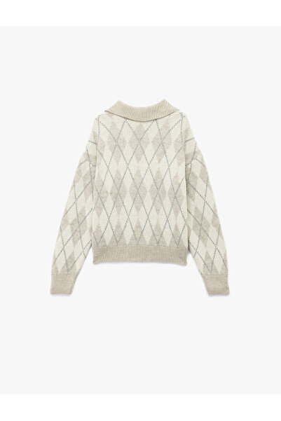 Koton Uzun Kollu Baklava Desenli Polo Yaka Triko Oversize Kazak