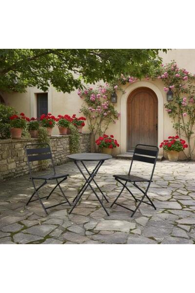 Family Ship Round Table Set with 2 Folding Metal Chairs - Black 569