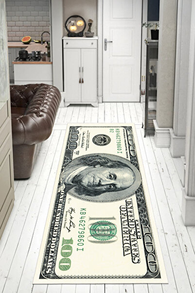 Ela Home Makinede Yıkanabilir Kaymaz Taban Dolar Desenli Yolluk Halı – Yeşil Bej