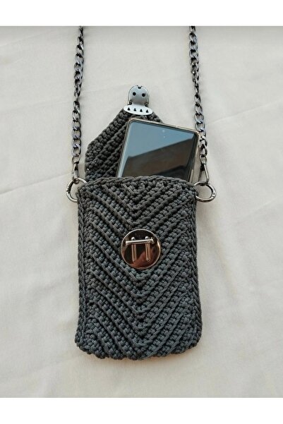 SOFT El Örgüsü Polyester Makrome İpinden Telefon Çantası (GRİ)