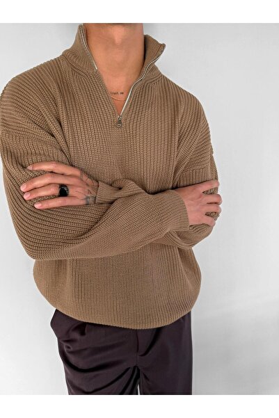 ablukaonline Ανδρικό πουλόβερ με μισό φερμουάρ, ανοιχτό καφέ