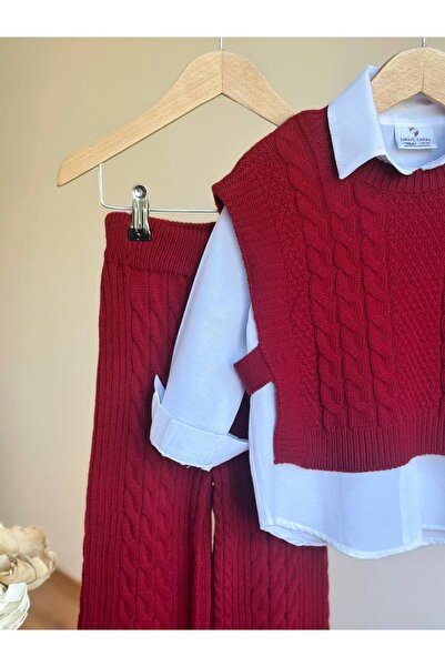Butik Knitwear Pants Vest White Shirt Girls' Set