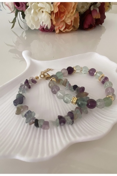 TARZ-I TAKI (İKİ BİLEKLİK) DOĞAL TAŞ FLORİT TAŞI İkili Bileklik Çelik ve Doğa...