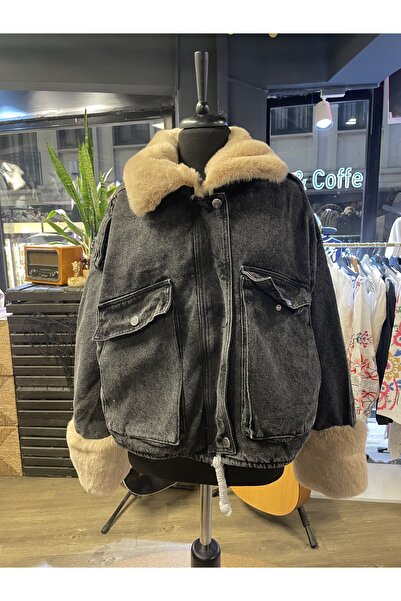 Dadali Kadın Yakası İçi Kürklü Cepli Uzun Kollu Kot Mont Kaban