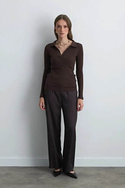 Gusto Polo Yakalı Pamuk Örme Bluz - Kahverengi