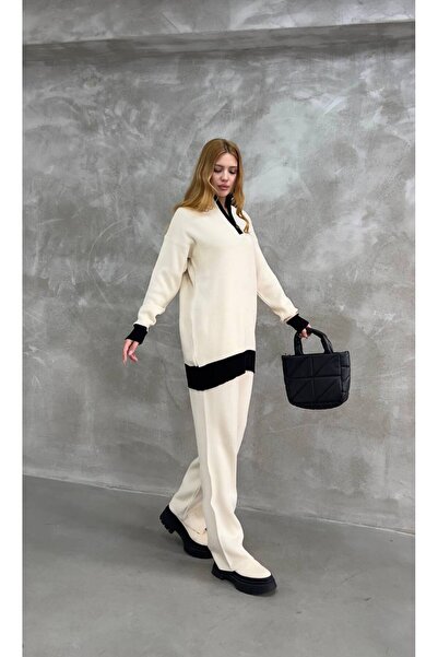 SHEZAN MODA بنطلون نسائي واسع الساق بسحاب نصفي، طقم تريكو مزدوج كبير الحجم BB...