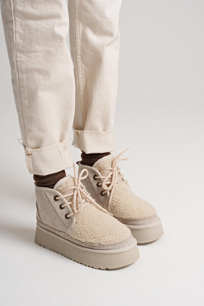 TRENDELLA Γυναικείες μπότες Loana Shearling Beige Χειμερινές με χοντρή σόλα