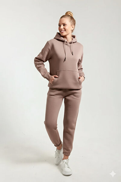 OXVİN Women's Three Thread Kangaroo Pocket Hooded Soft Cotton Oversized Tracksuit Set