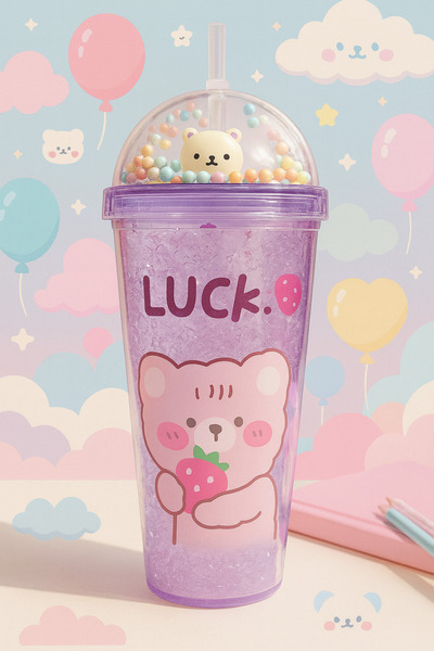 CHANCE GİFT Cute Teddy Bear Themed Double Layer Mica Party Supplies Water Bottle with Straw Soft Drink Bottle 450 ml