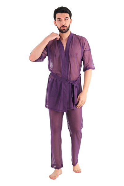 JEU JEU HAZE – Mor Tül Kaplamalı Saten Transparan Fantezi Erkek Kimono ve Pantolon Takımı
