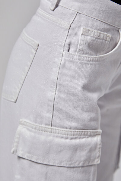 its basic Жіночі білі w5-2 Straight Kargo Fit з блискітками Спеціальний дизайн тканини Джинси з деніму