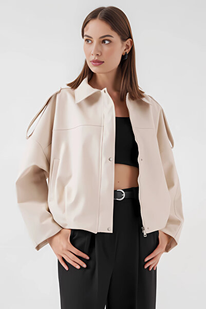 hazelin Women's Ecru Oversize Zippered and Buttoned Side Pocket Faux Leather Jacket Hzl25W-Bd110551