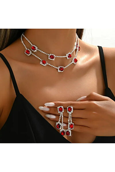 TAKİŞKO طقم مجوهرات مكون من قلادة وأقراط مرصعة بأحجار الزركون الأحمر والأبيض