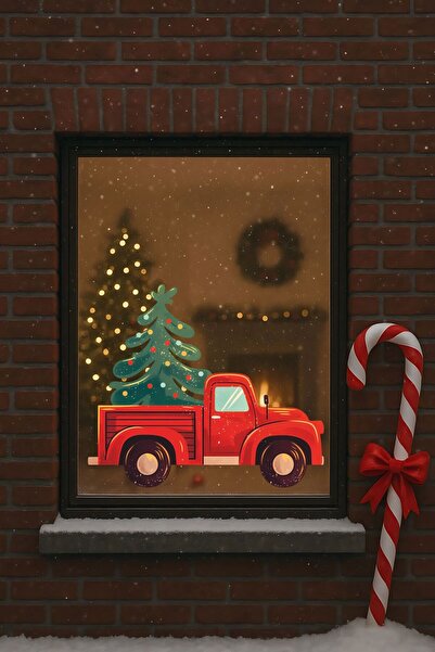 Aysha Tasarım Red Christmas Truck Wall Sticker – Christmas Tree Themed Wall D...