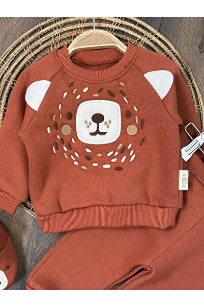 BİSCOİ Babybiscoi Panduflu Bear Head Embroidered Three Thread Baby Set